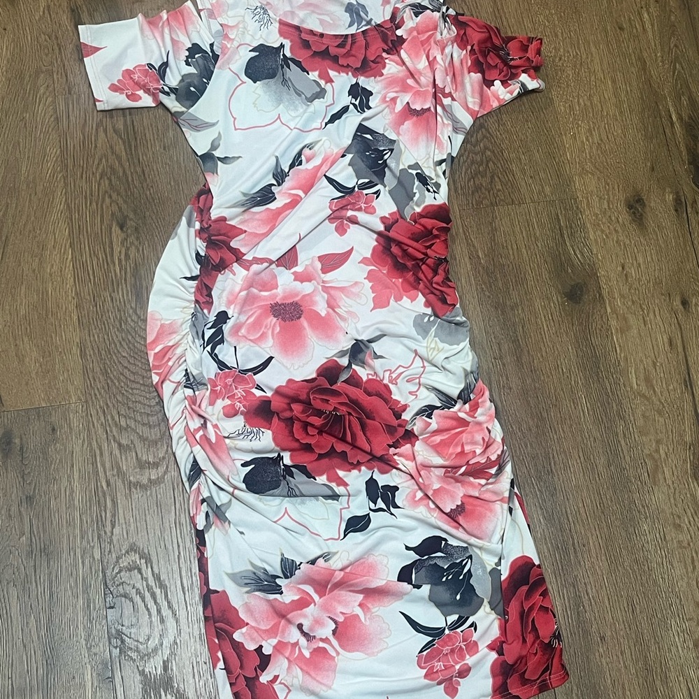 Maternity Floral Maxi Dress in pink red and black